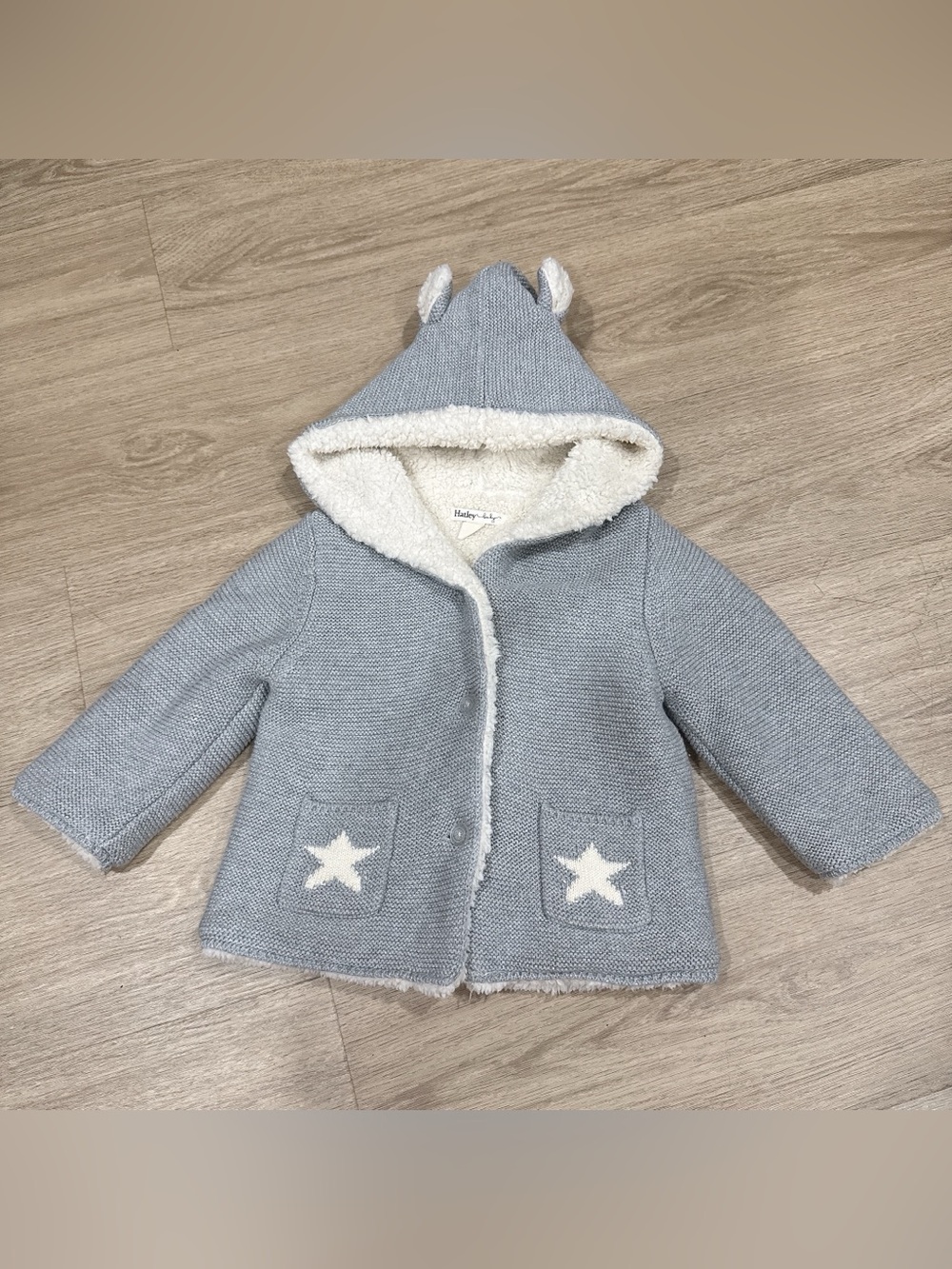 Hatley Light Blue Hooded Sherpa-Lined Kids Pea Coat with Star Pockets